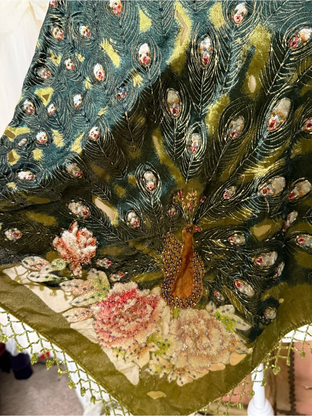 Vintage Olive Green Velvet Peacock Shawl with Bead Fringe - Picture 2 of 5